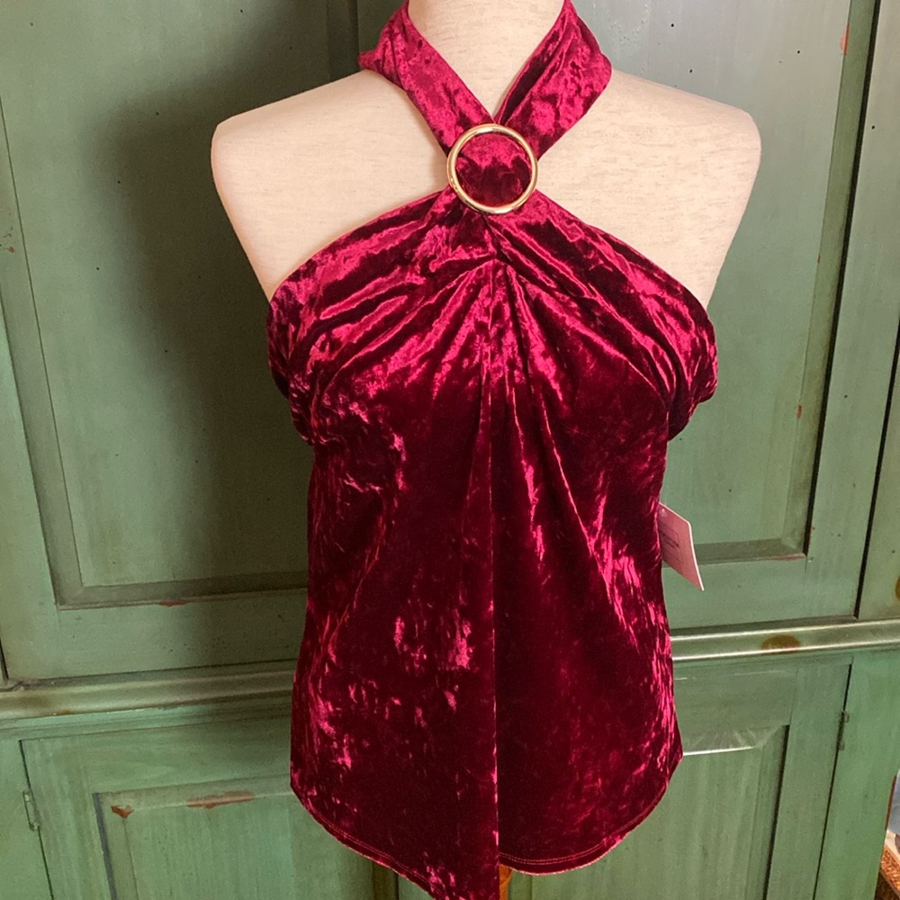 Perseption Concept Red Velvet Hi Neck Halter Style Top with Gold Accents Size M